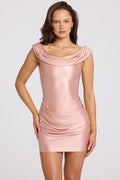 Satin Off-Shoulder Draped Mini Dress in Blush Pink