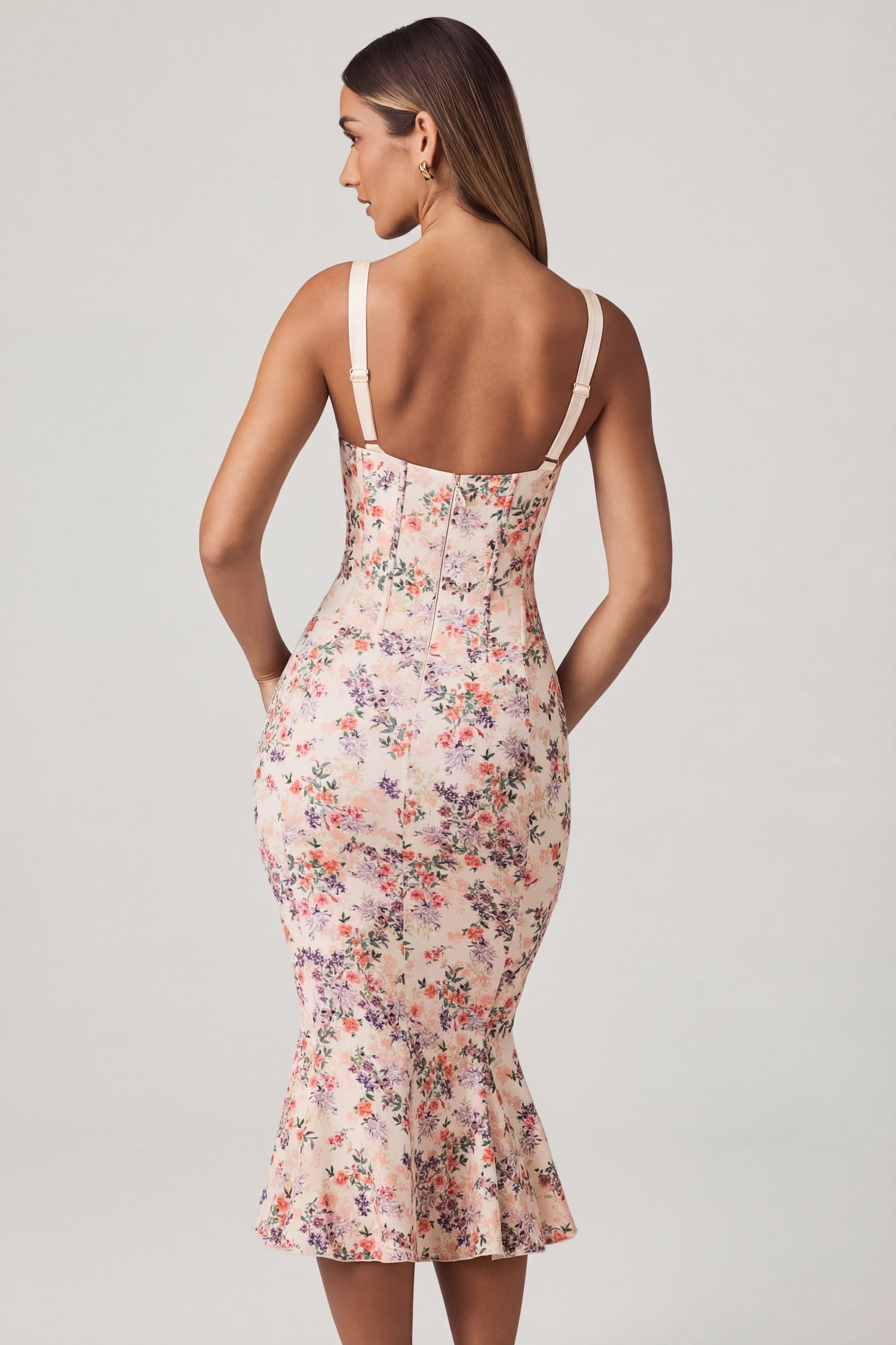 Layered Bra-Detail Fishtail Midaxi Dress in Primrose Floral Print