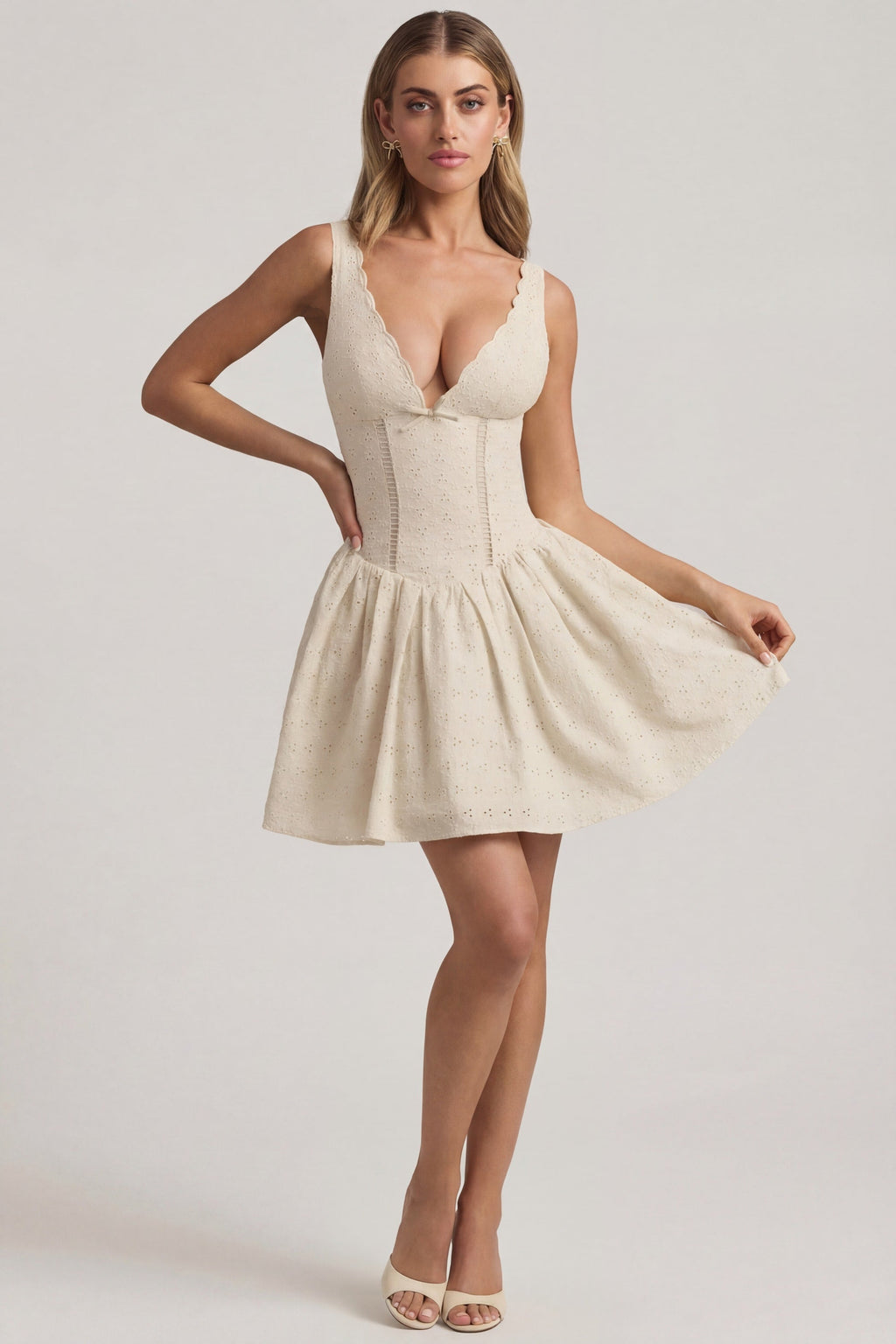 Broderie Anglaise Bow-Detail A-Line Mini Dress in Ivory