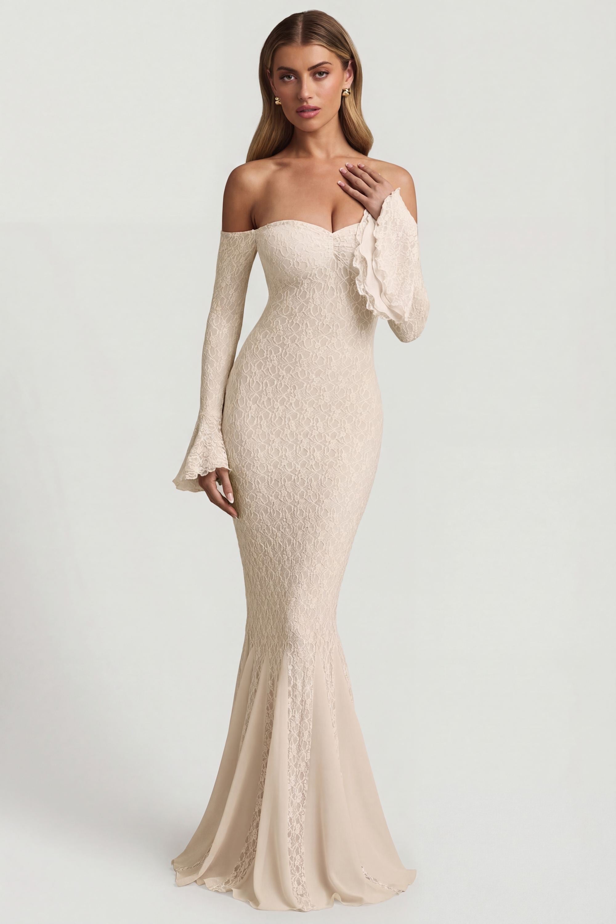 Off-Shoulder Ruffle Lace Maxi Dress in Ivory