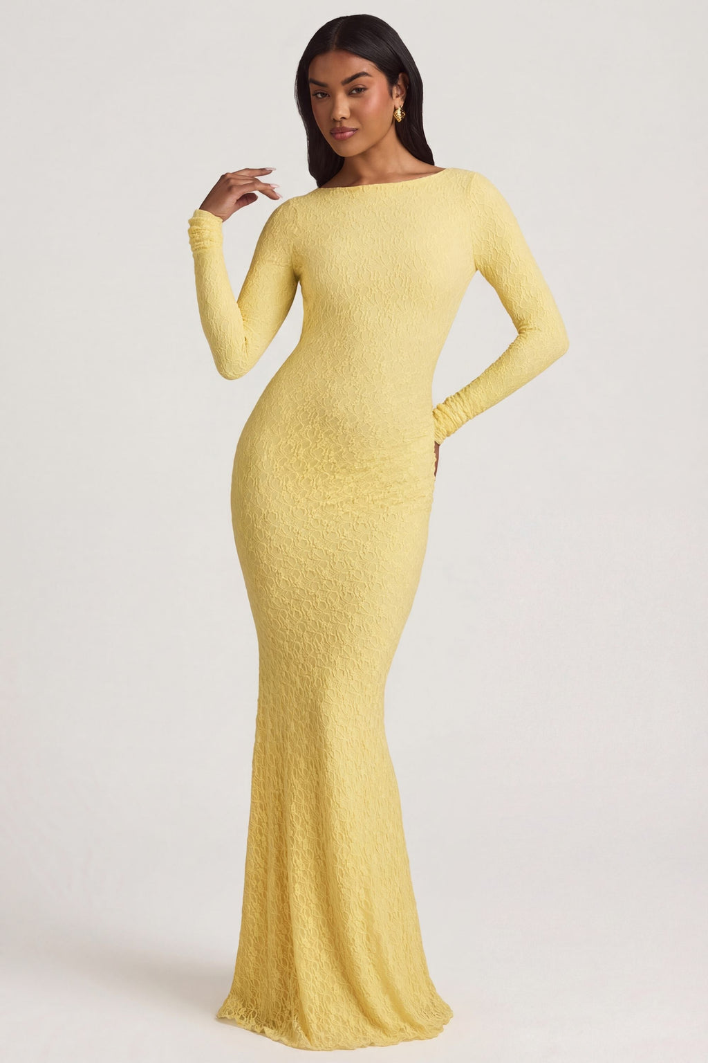Ruched Backless Lace Maxi Dress in Pastel Yellow