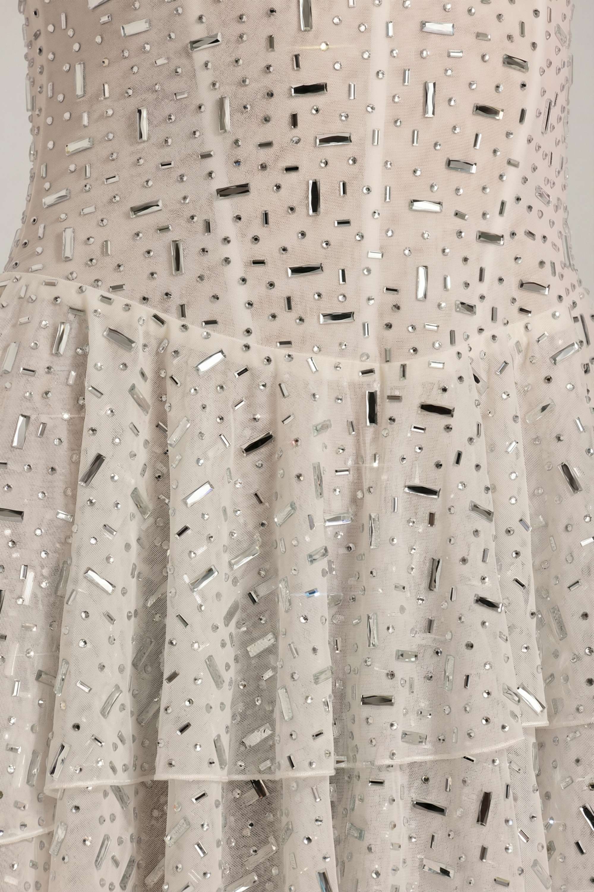Embellished Ruffled Tiered Mini Dress in White