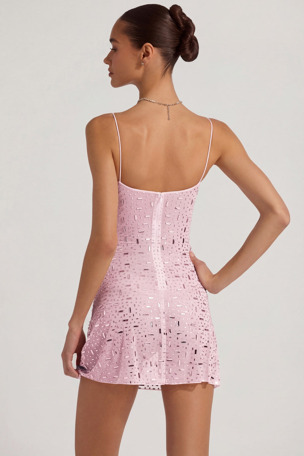 Sheer Embellished Square-Neck Mini Dress in Pink