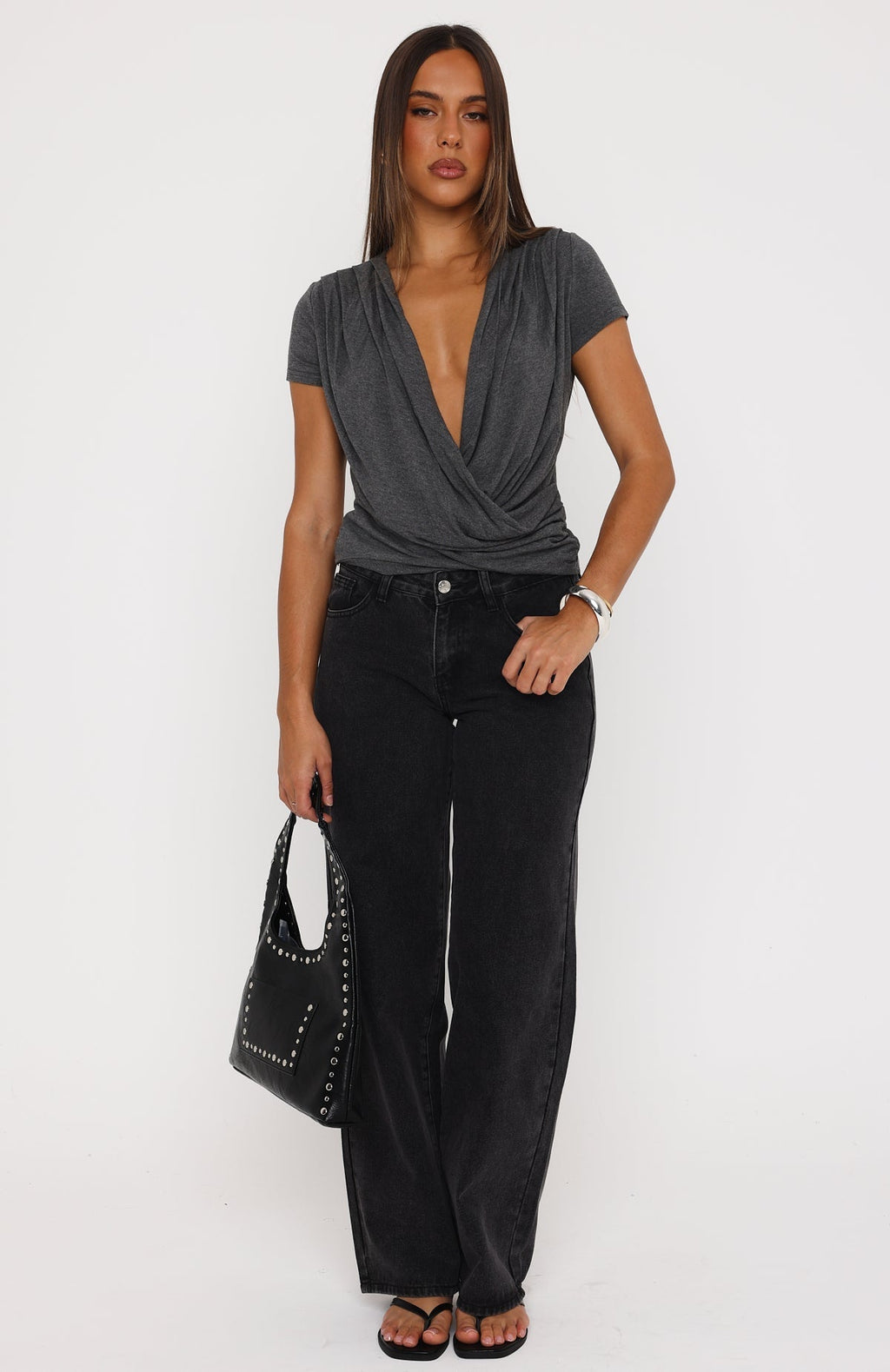 Almost Told You Short Sleeve Cowl Neck Top Charcoal Marle
