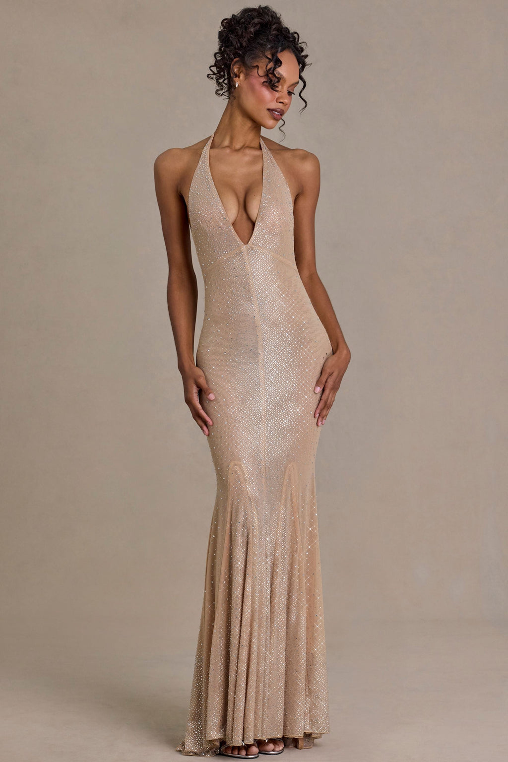 Embellished Plunge-Neck Open-Back Gown in Beige Gold