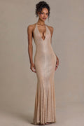 Embellished Plunge-Neck Open-Back Gown in Beige Gold