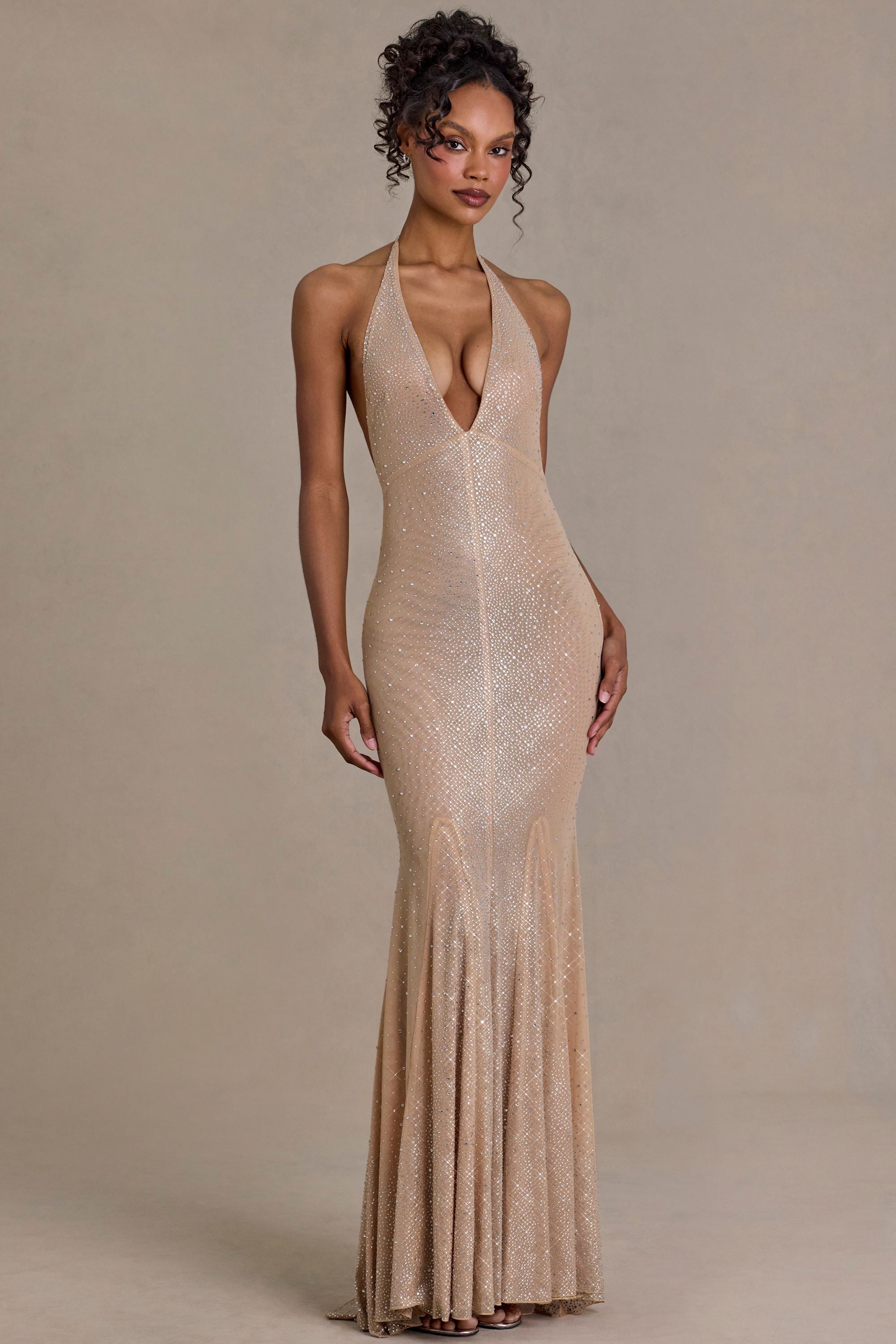 Embellished Plunge-Neck Open-Back Gown in Beige Gold