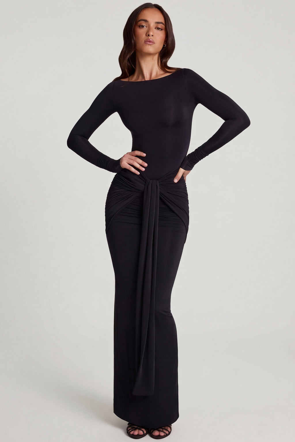 Soft Jersey Boat-Neck Tie-Gather Maxi Dress in Black