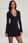Soft Jersey Scoop-Neck Flared Mini Dress in Black