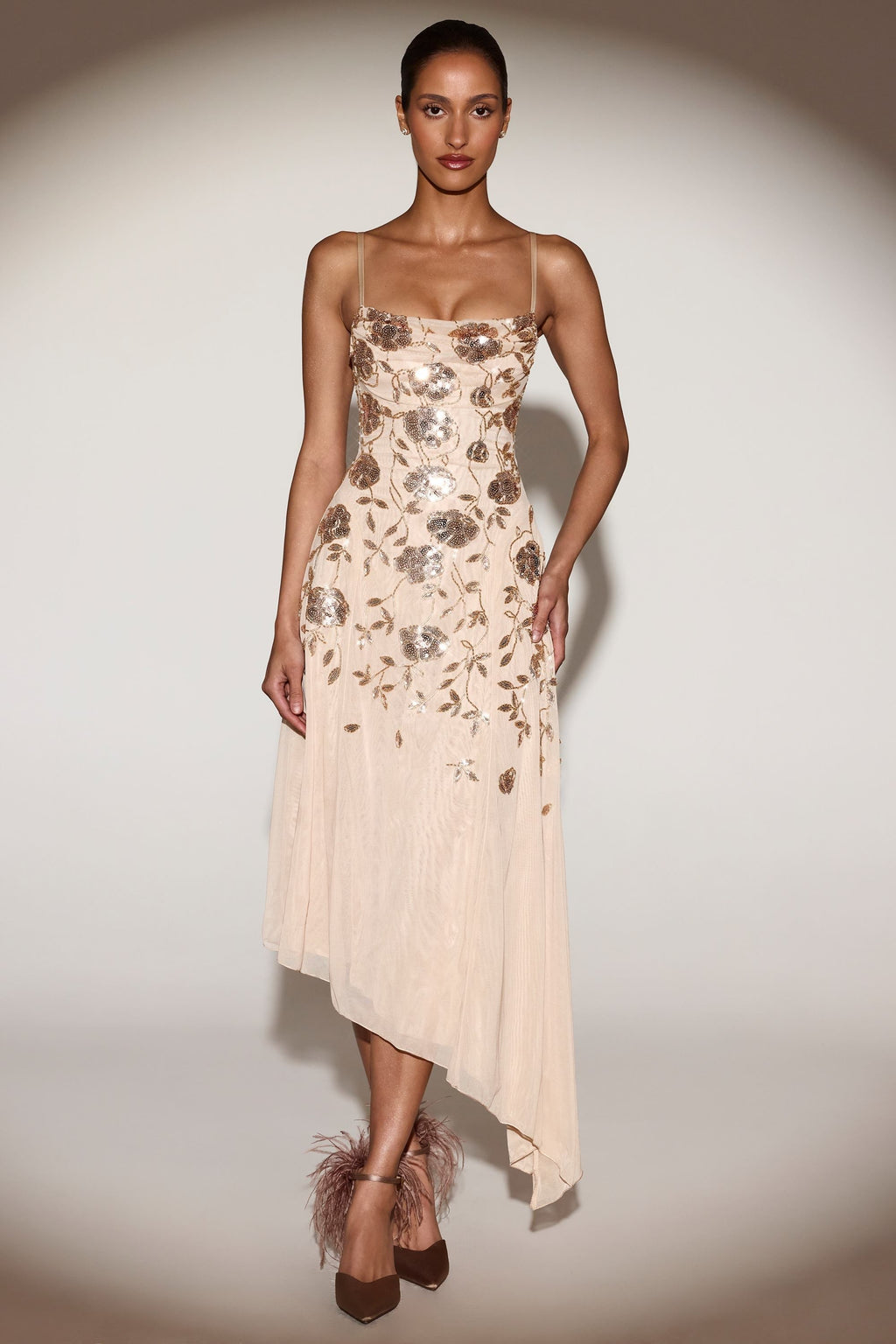 Embellished Soft-Scoop Asymmetric Midaxi Dress in Gold
