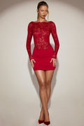 Sheer Lace Boat-Neck Mini Dress in True Red