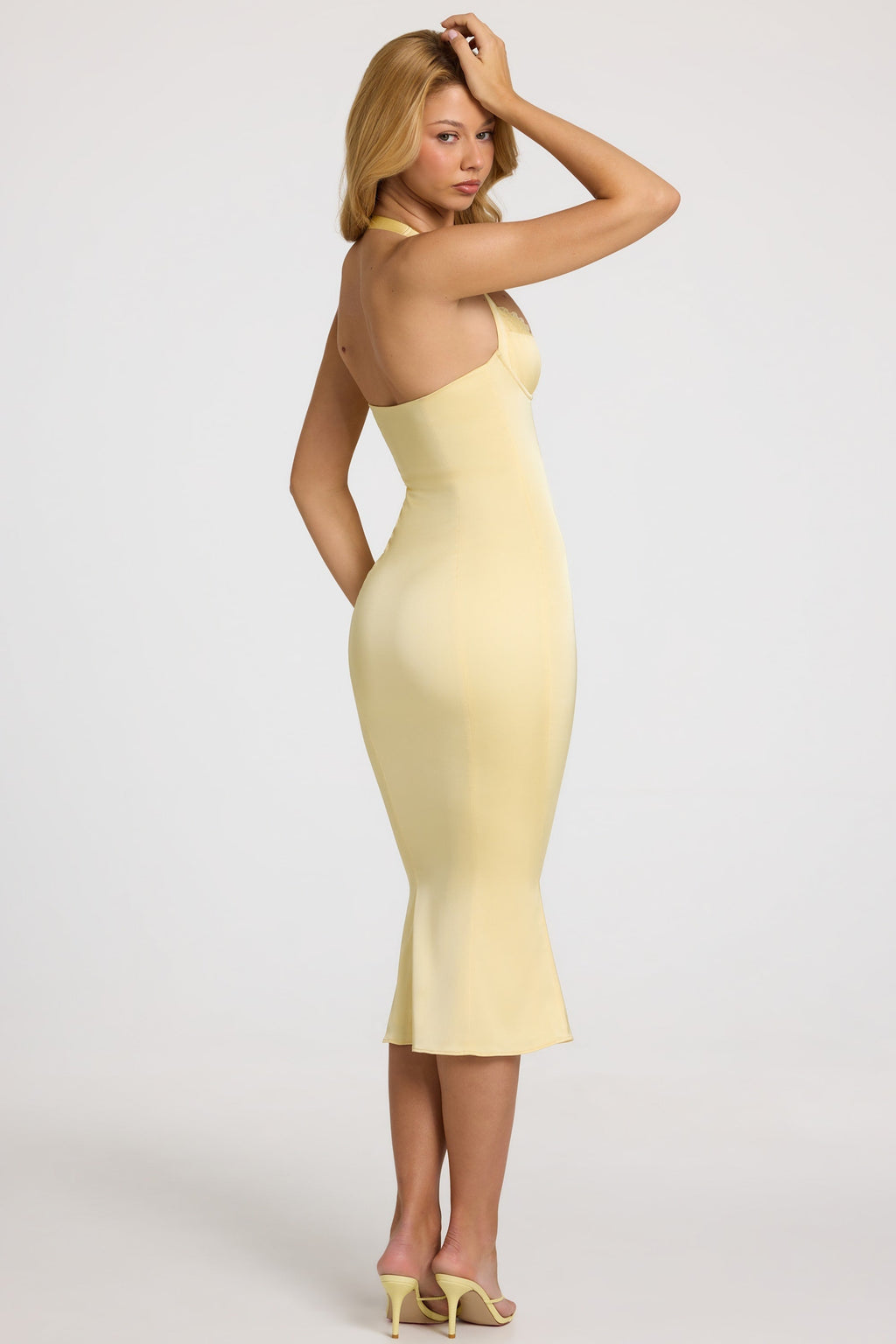 Satin Sweetheart Bustier Fishtail Midaxi Dress in Butter Yellow