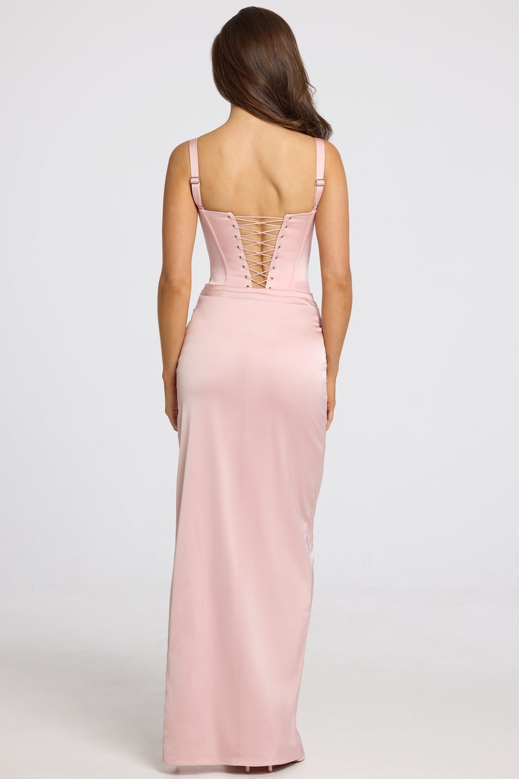 Corseted Thigh-High Split Maxi Dress in Blush Pink