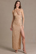 Embellished Asymmetric One-Shoulder Maxi Dress in Beige Gold
