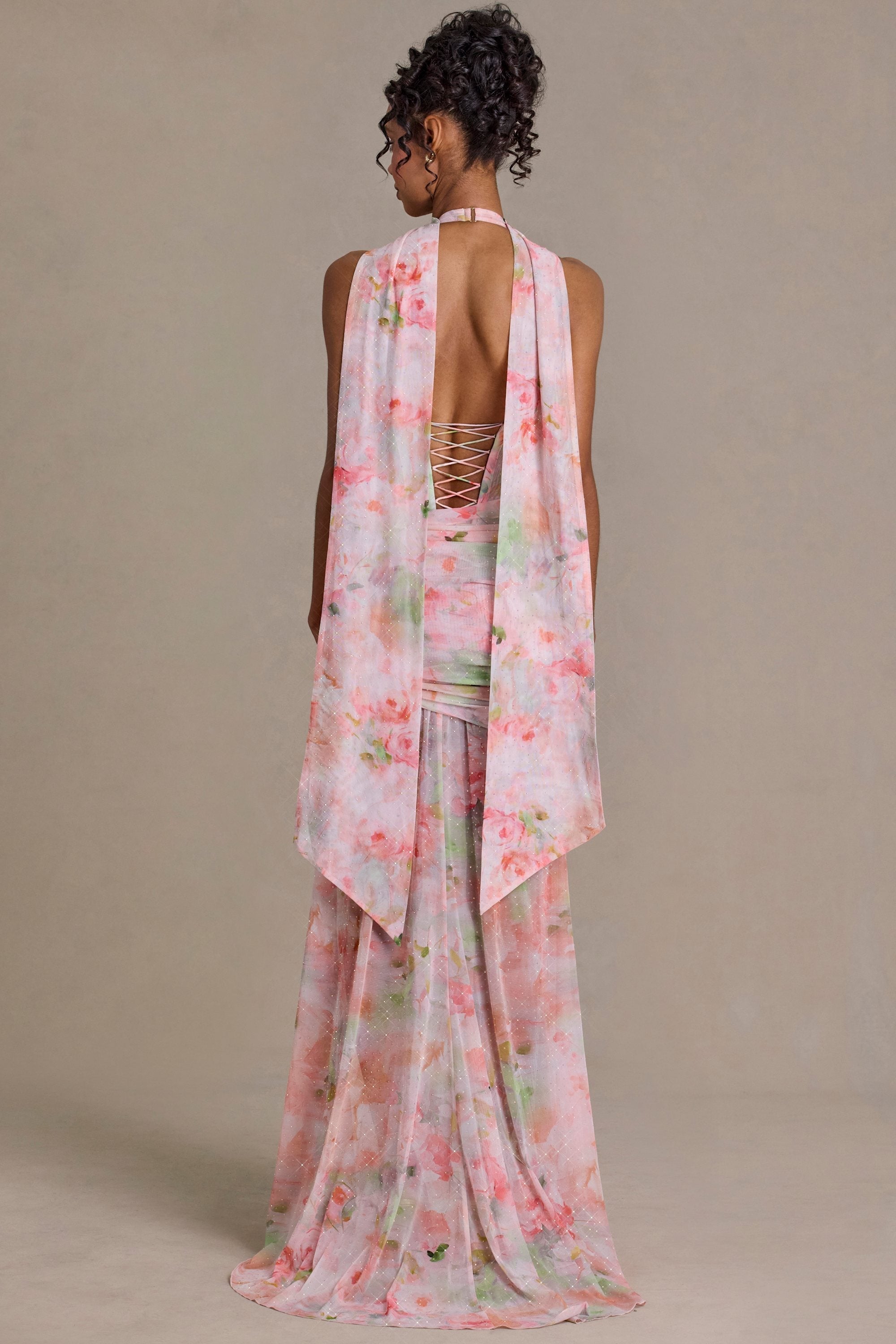 Embellished Scarf-Detail Maxi Dress in Pink Floral Print