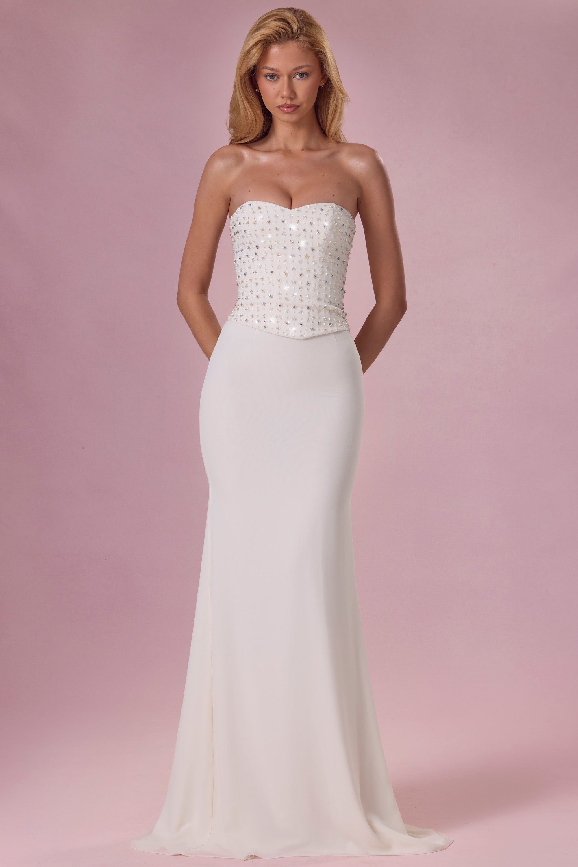 Embellished Corset Strapless Gown in Pearl