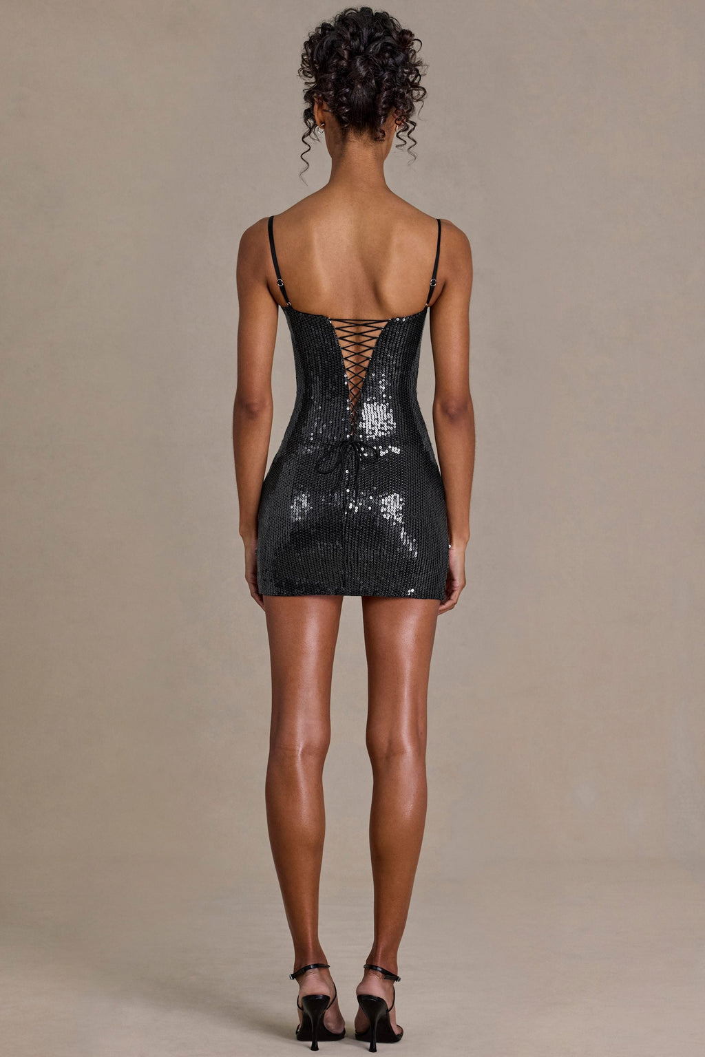 Sequin Lace Corset Mini Dress in Black