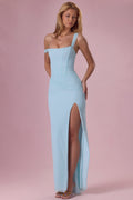 Mesh Draped Corset Gown in Light Blue