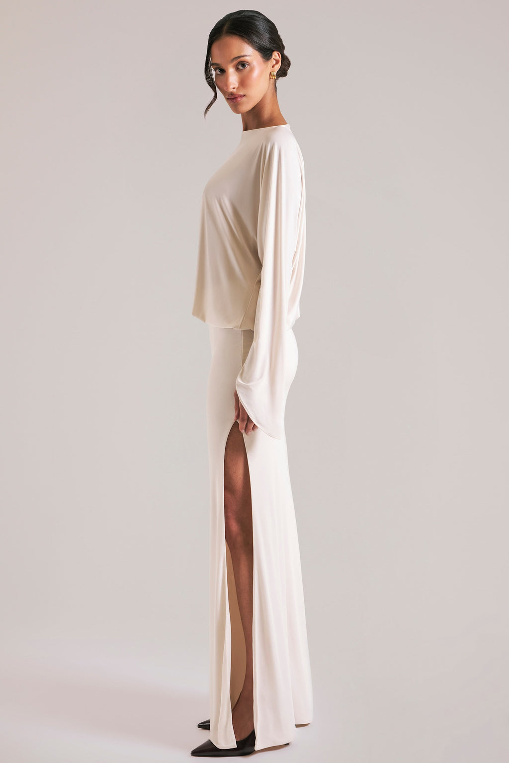Long-Sleeve Draped Maxi Dress in Vanilla