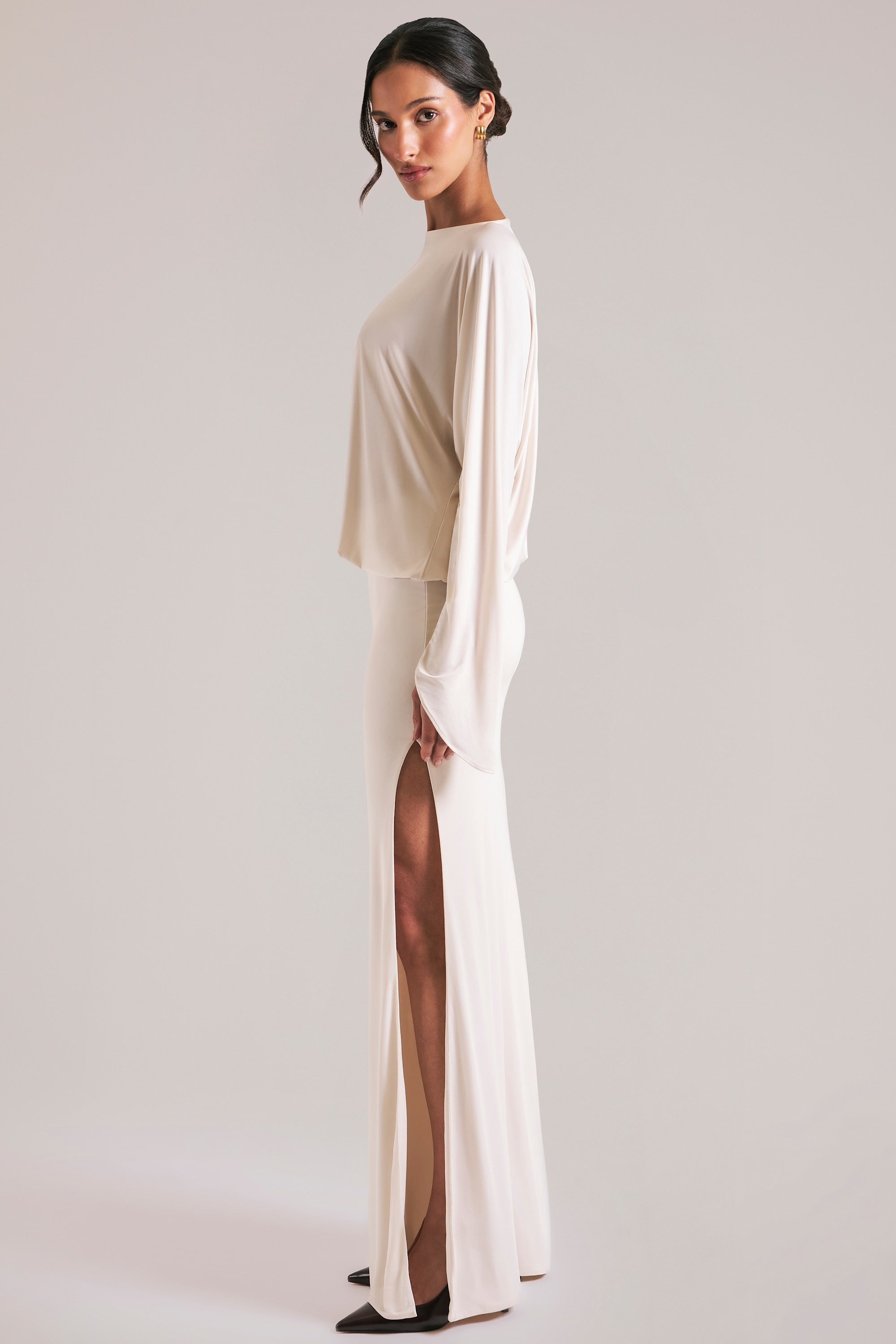 Long-Sleeve Draped Maxi Dress in Vanilla