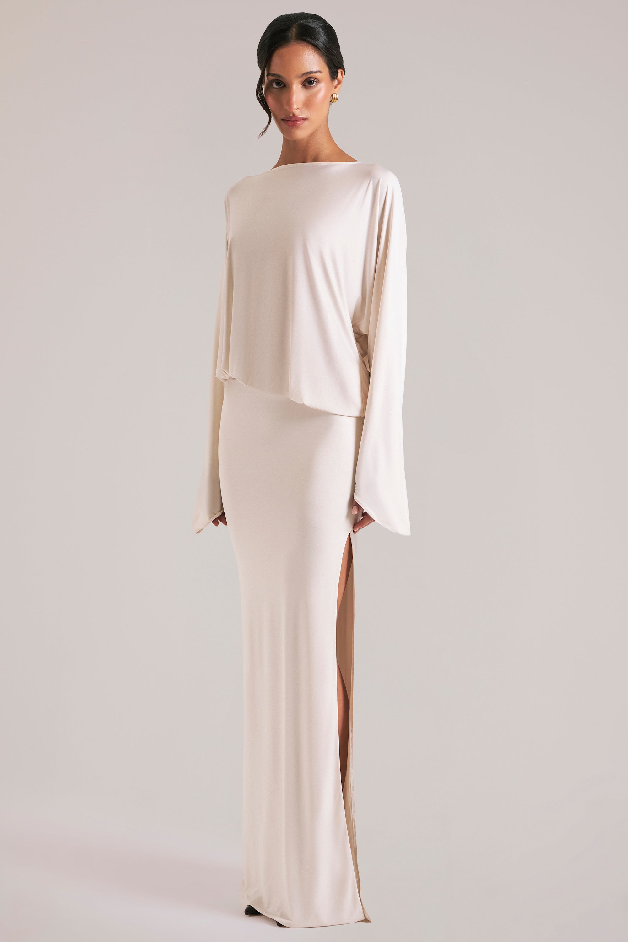 Long-Sleeve Draped Maxi Dress in Vanilla