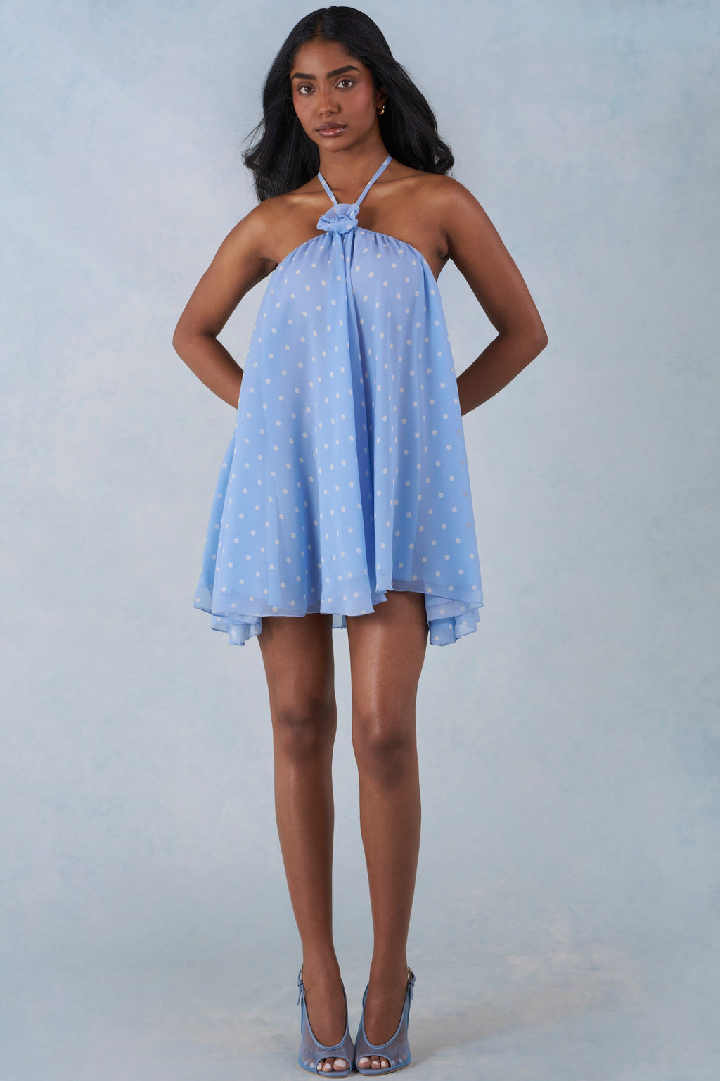 Halterneck Babydoll Mini Dress in Blue Polka Dot Print