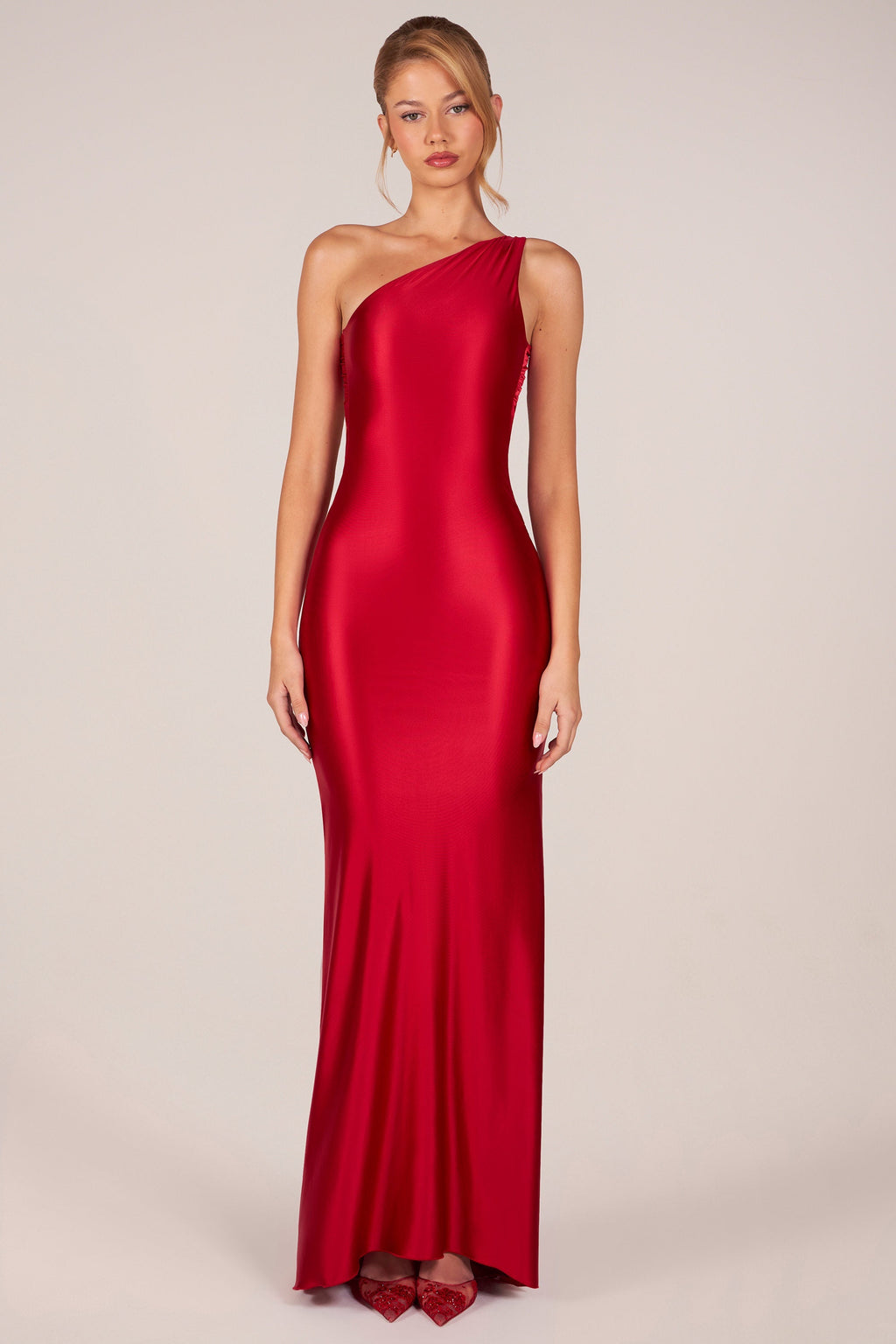 Asymmetric Tie-Back Gown in Cherry