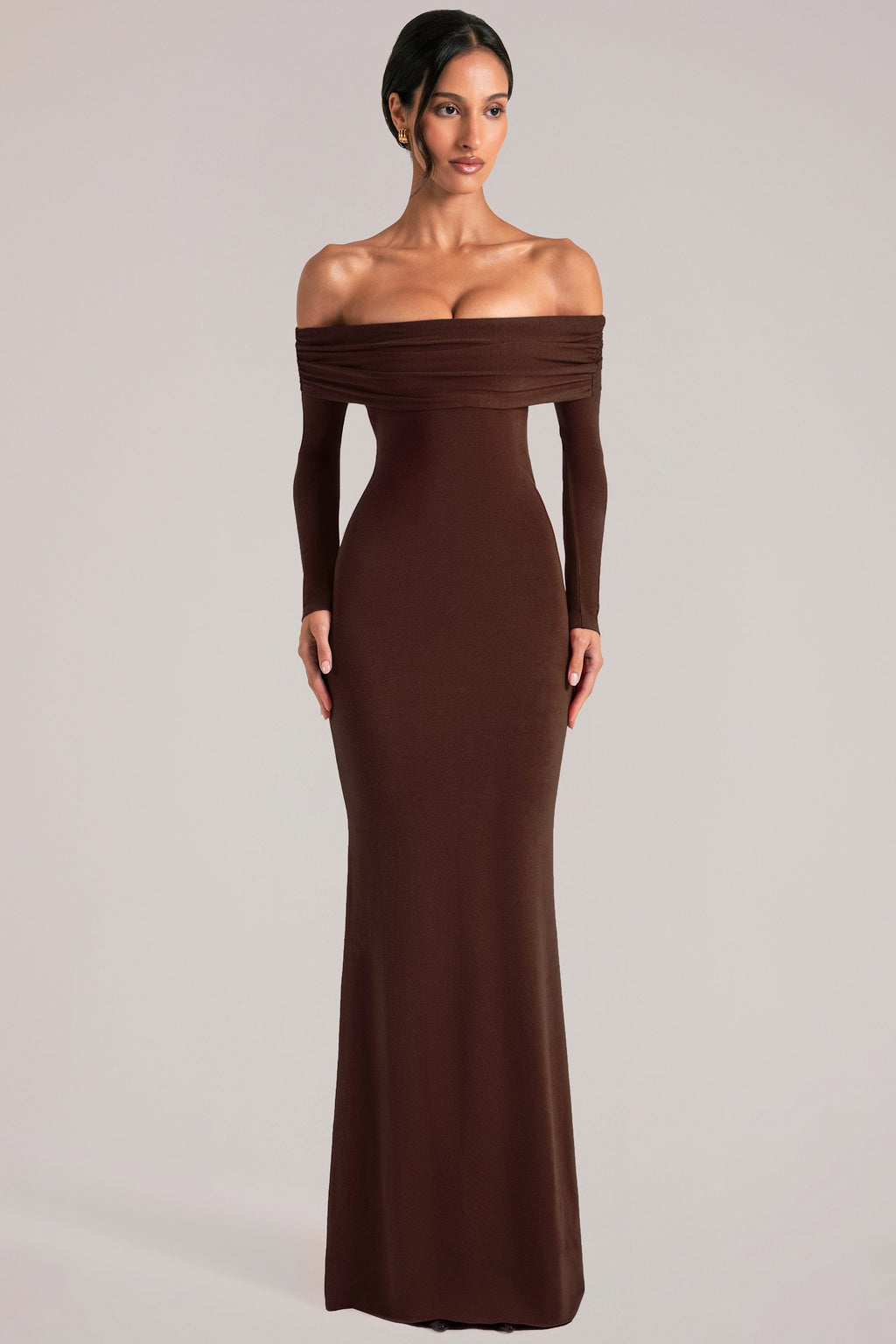 Off-Shoulder Long-Sleeve Maxi Dress in Chocolate Brown