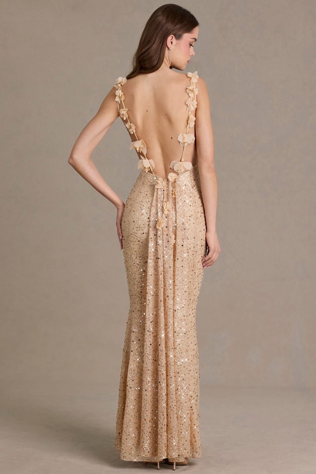 Embellished Open-Back Maxi Dress in Gold
