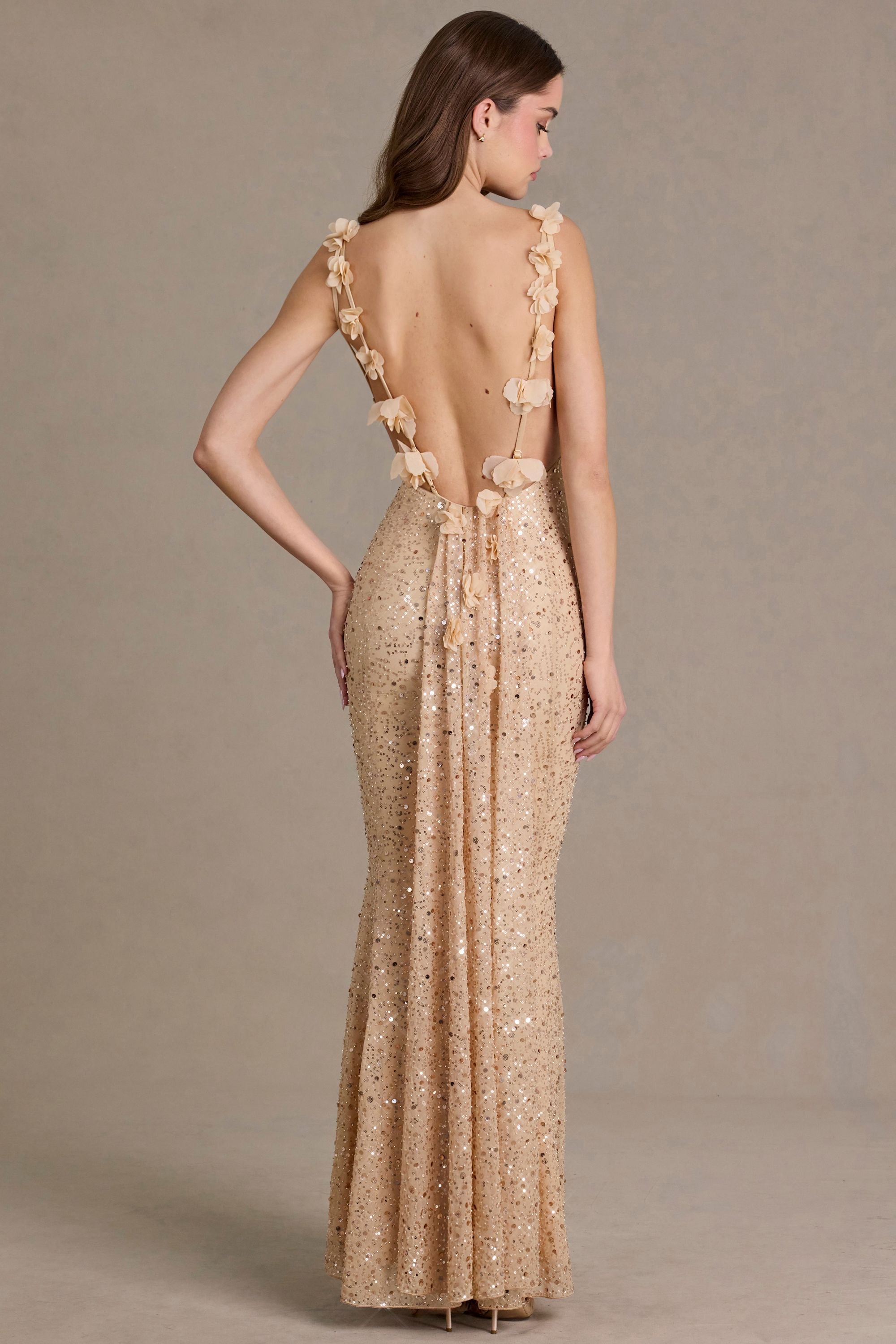 Embellished Open-Back Maxi Dress in Gold
