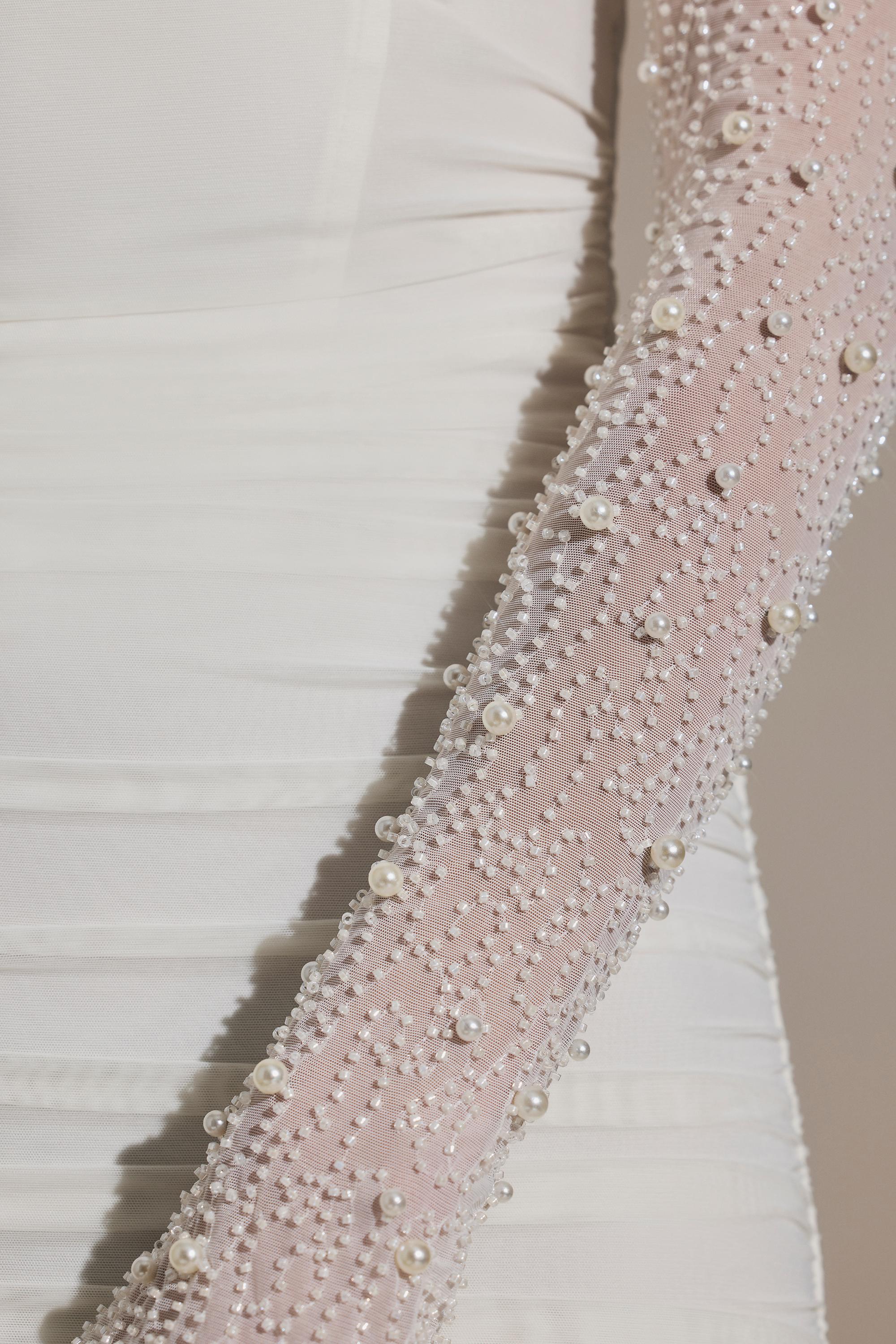 Embellished Long-Sleeve Mini Dress in White