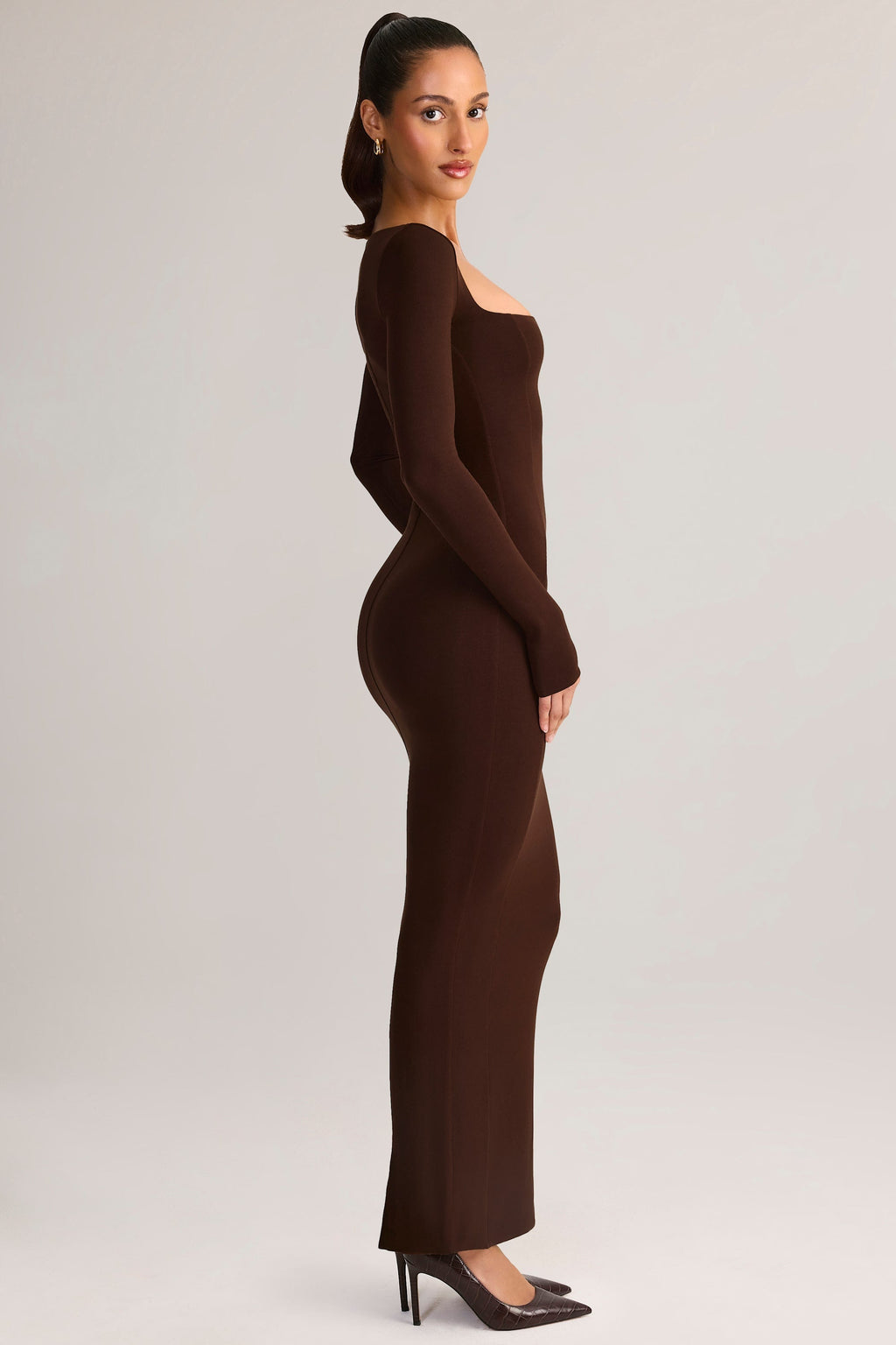 Modal Square-Neck Bodycon Maxi Dress in Chocolate Brown