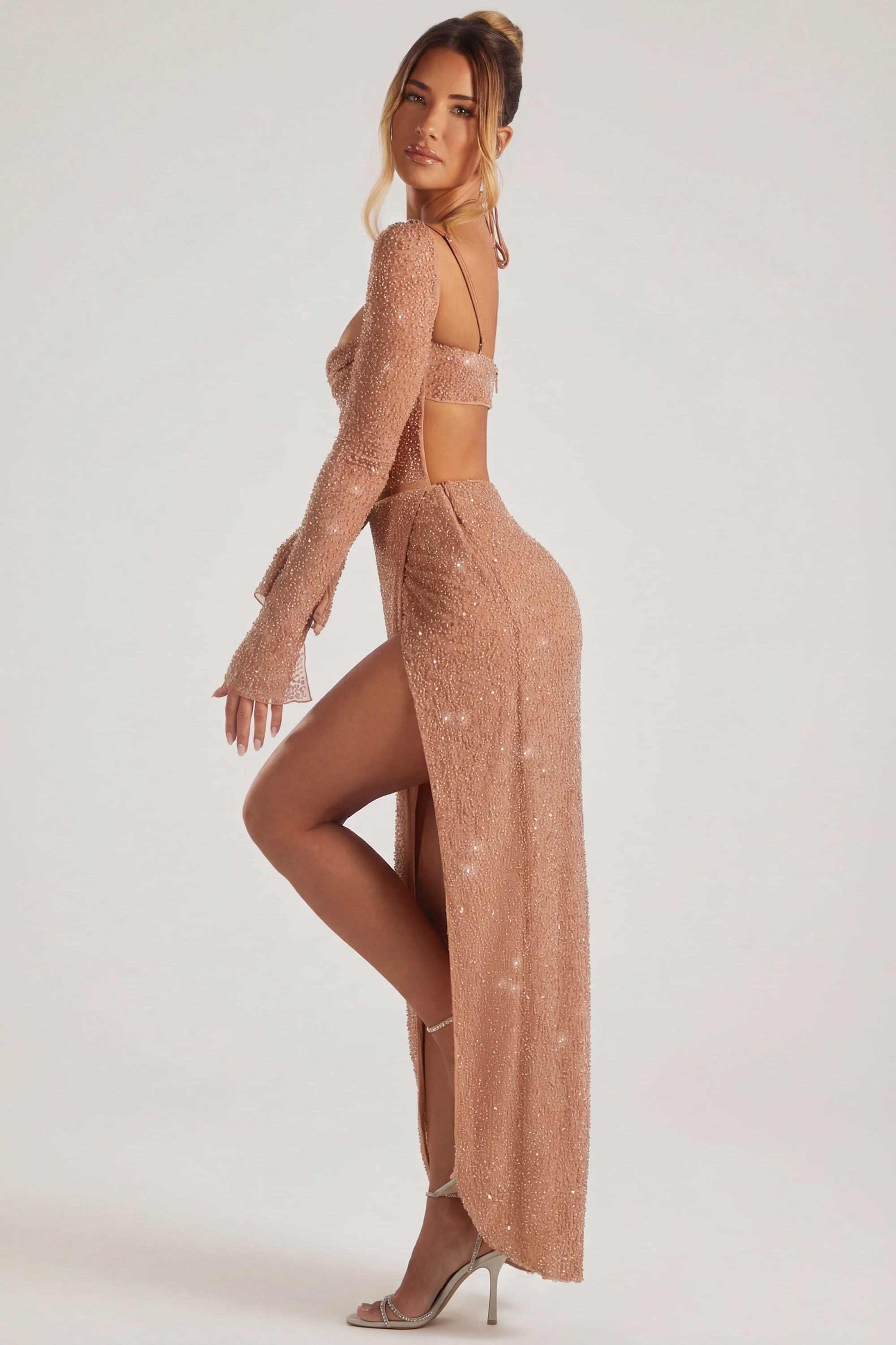 Embellished Cowl Neck Maxi Dress in Nude