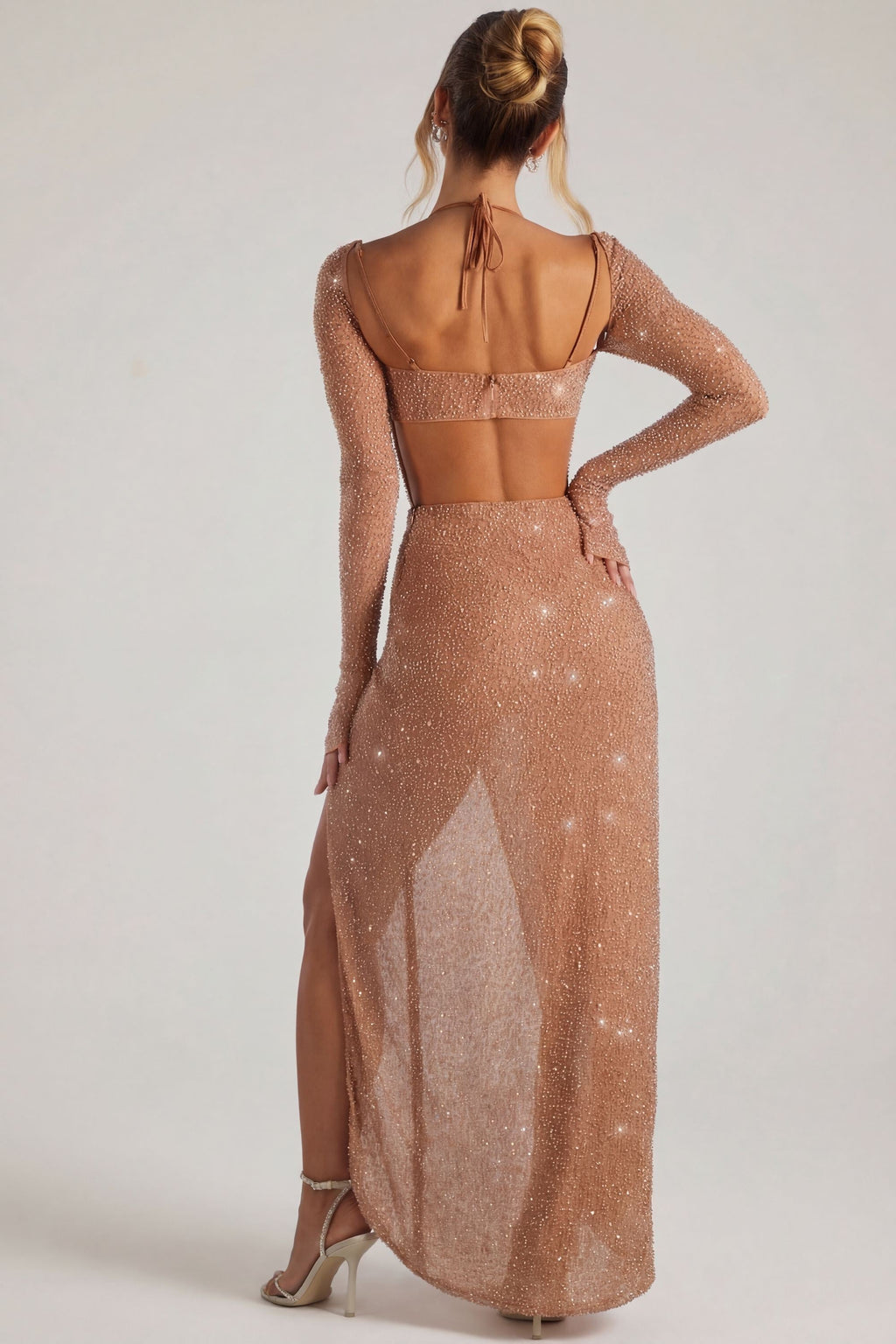 Embellished Cowl Neck Maxi Dress in Nude
