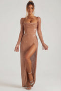 Embellished Cowl Neck Maxi Dress in Nude