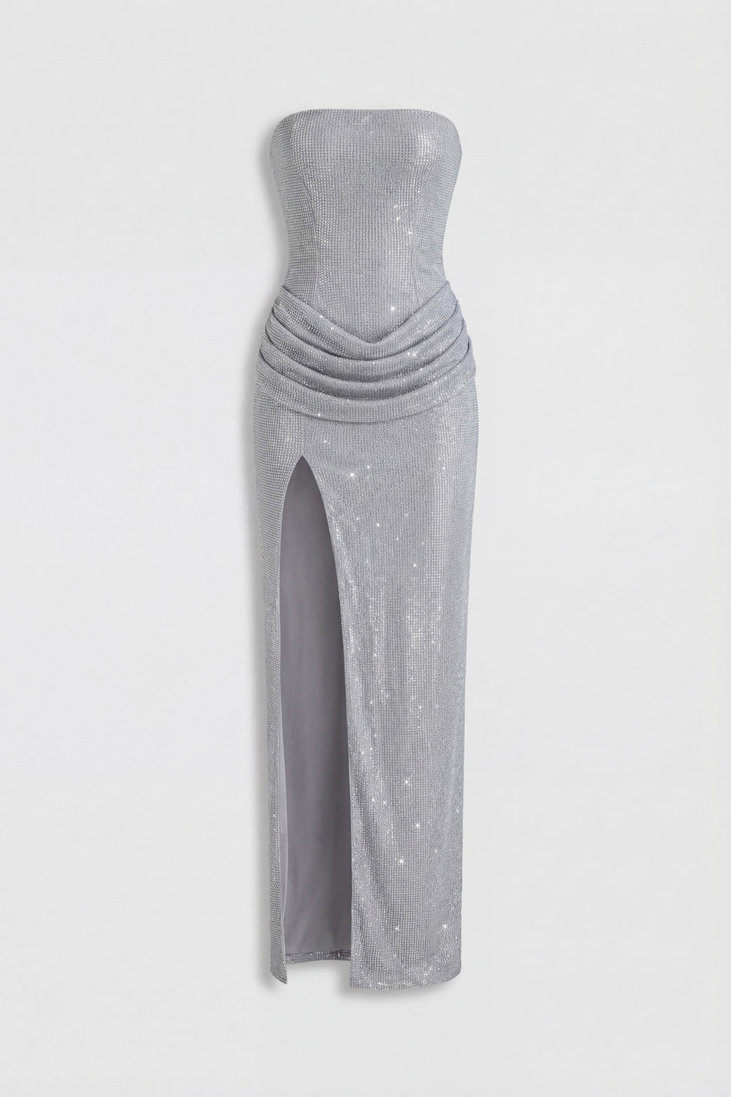 Embellished Bandeau Cowl-Waist Maxi Dress in Silver