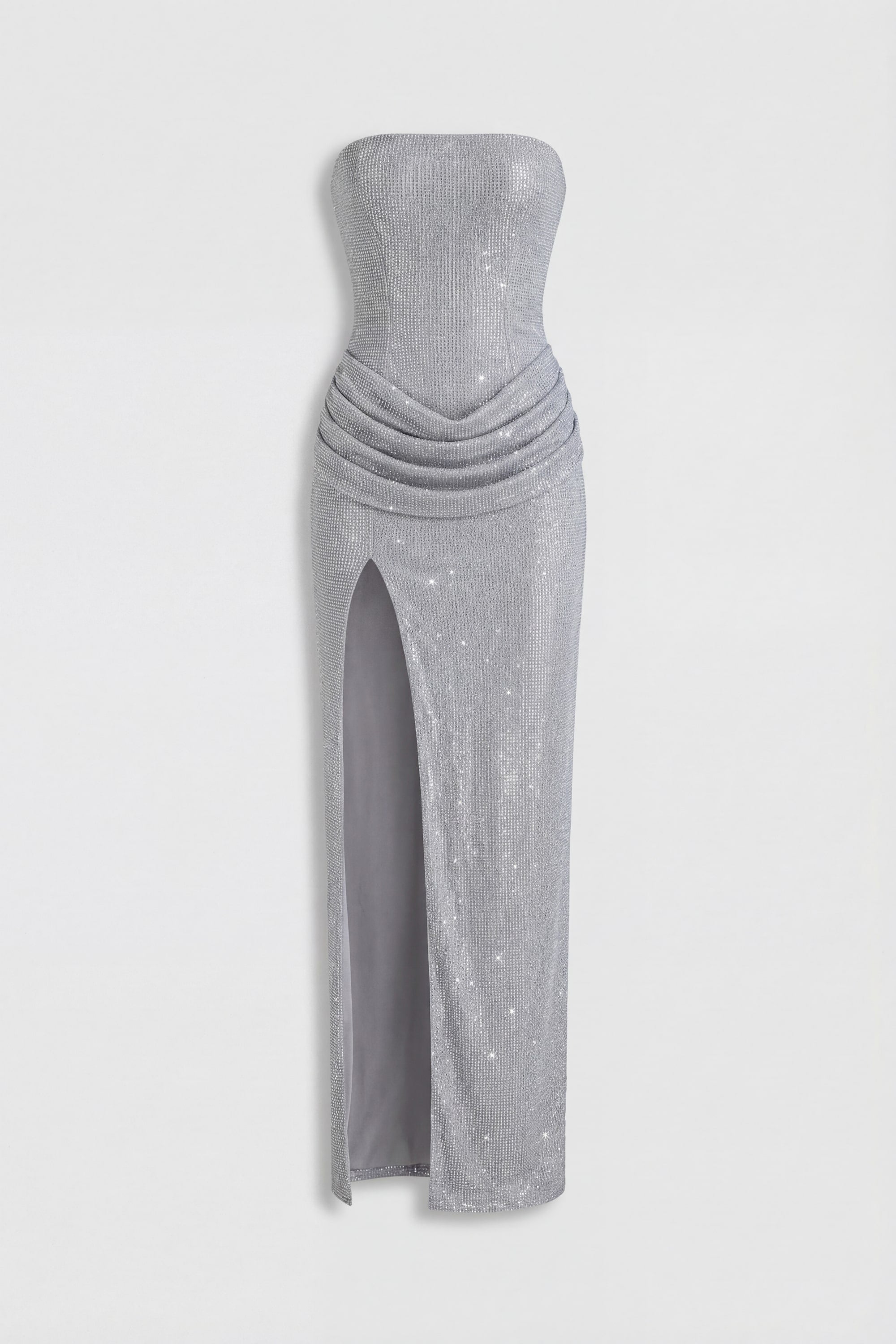 Embellished Bandeau Cowl-Waist Maxi Dress in Silver