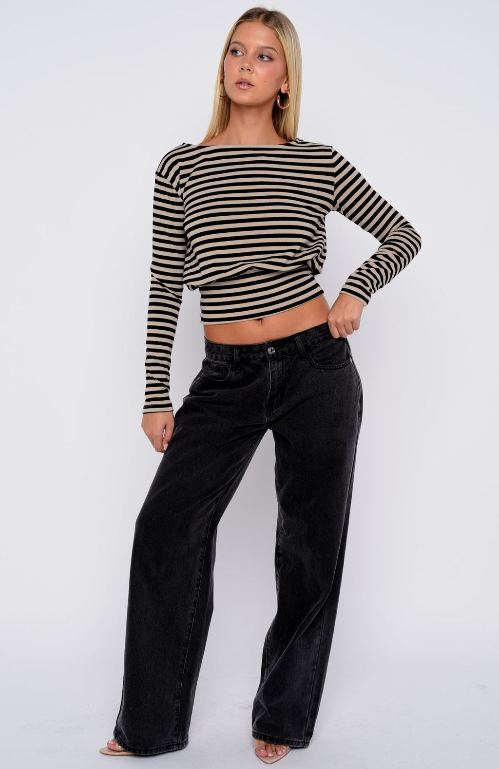 Catch My Heart Cinched Waist Long Sleeve Top Toffee/Black Stripe