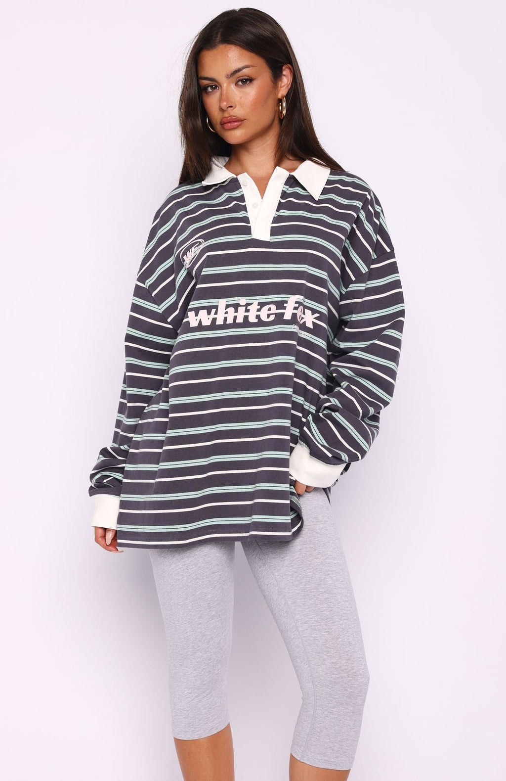 Gentle Affection Long Sleeve Rugby Shirt Grey/Mint Stripe