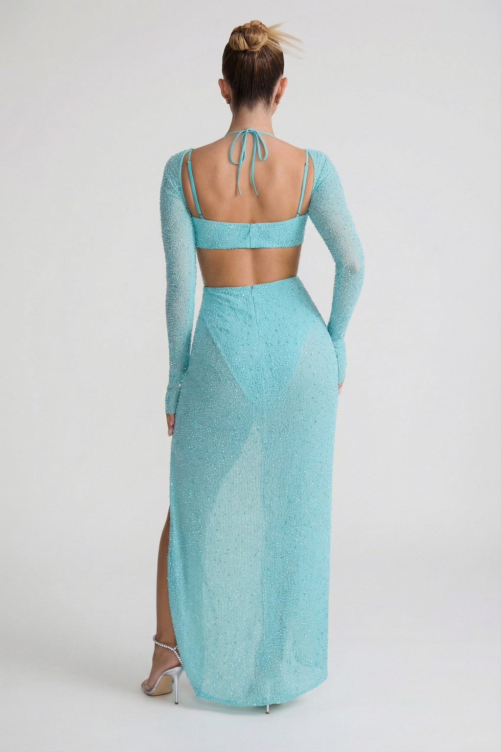 Embellished Cowl Neck Maxi Dress in Aqua