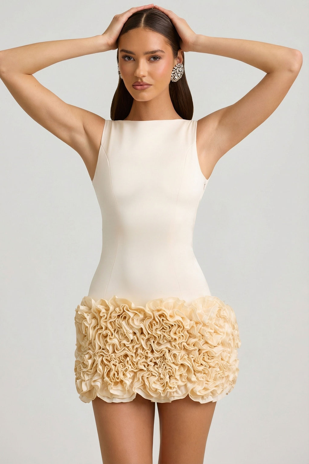 Satin Floral Appliqué Open-Back Mini Dress in Ivory