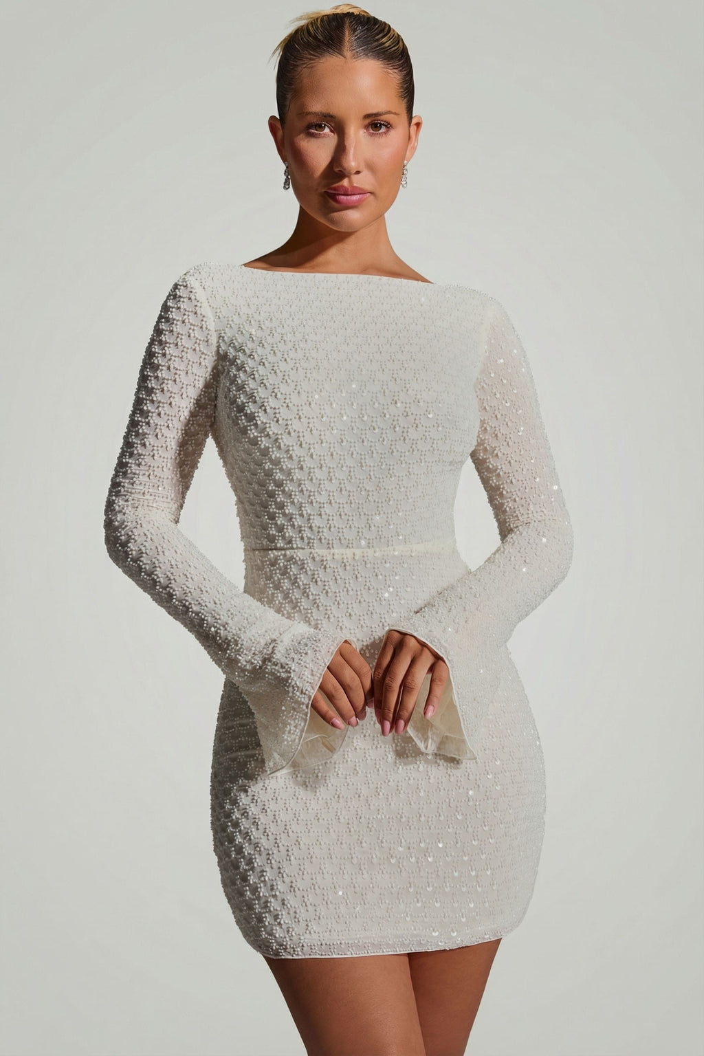 Embellished Open-Back A-Line Mini Dress in White