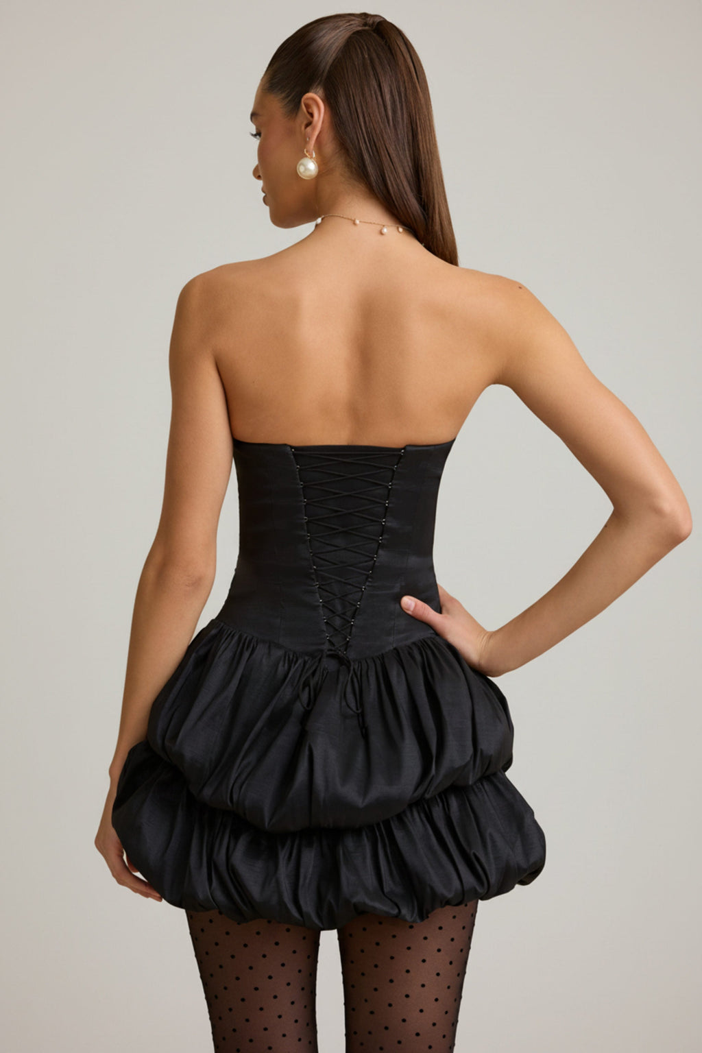 Satin Bubble Hem Corset Mini Dress in Black