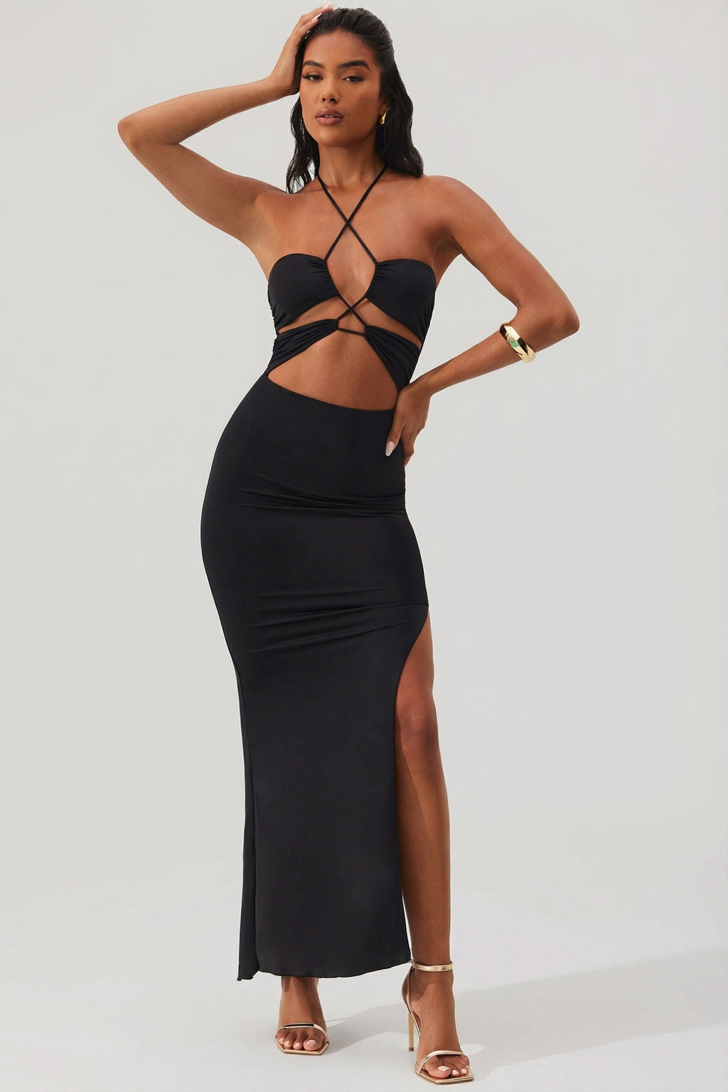 Cut Out Halter Neck Floor Length Maxi Dress in Black