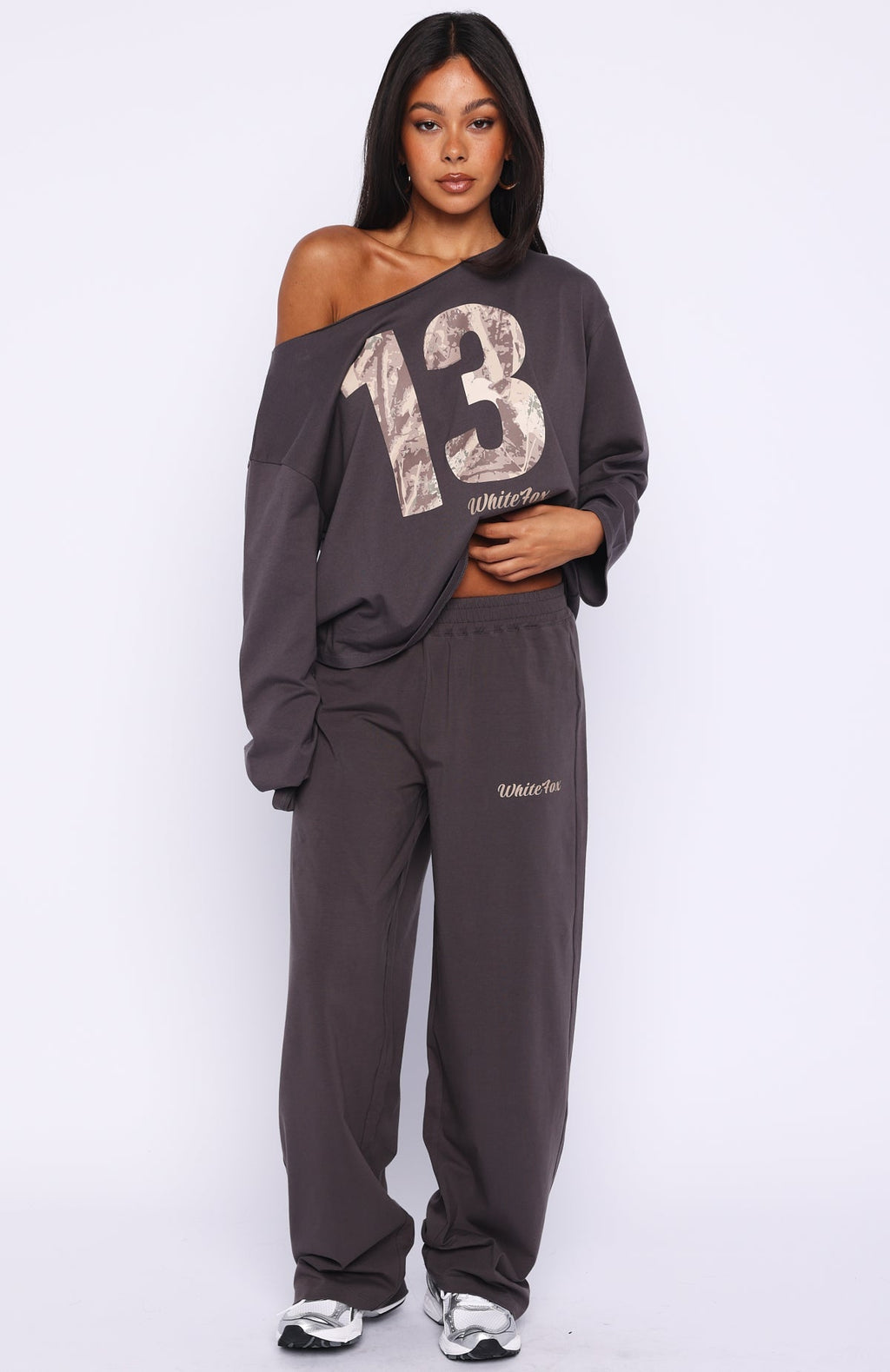 All A Dream Off Shoulder Oversized Long Sleeve Tee Charcoal