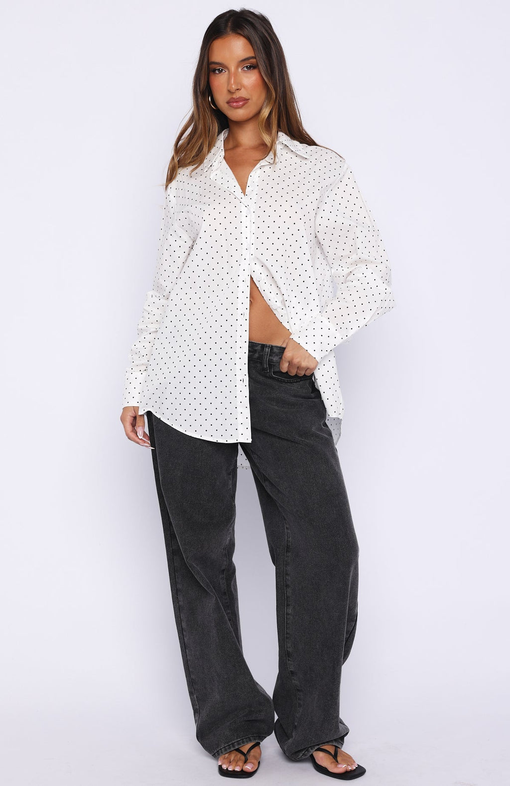 Always About Us Button Up Shirt White Polka Dot