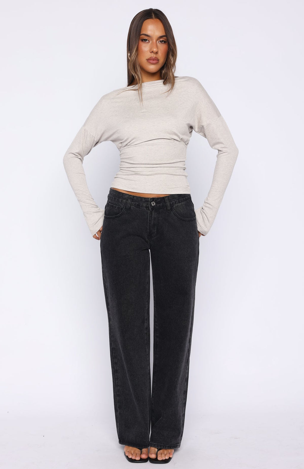 Another Time Cinched Waist Long Sleeve Top Light Grey Marle