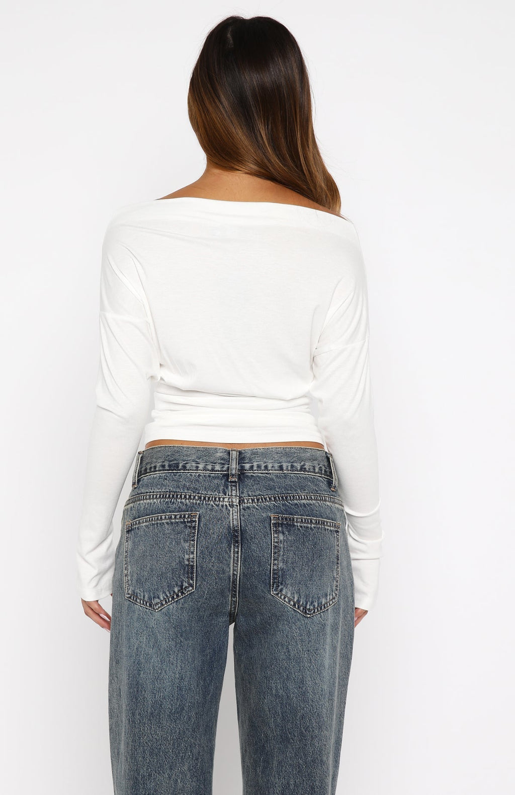 Another Time Cinched Waist Long Sleeve Top White