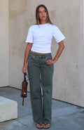 Bring The Style Low Rise Wide Leg Jeans Olive Wash
