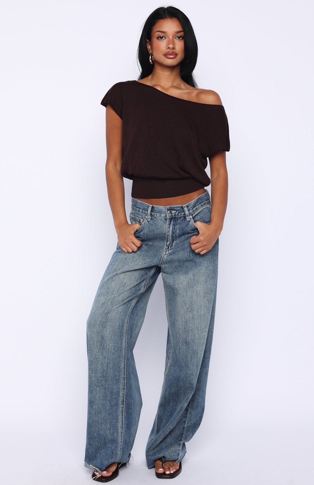 Can't Change My Mind Off Shoulder Cinched Top Chocolate